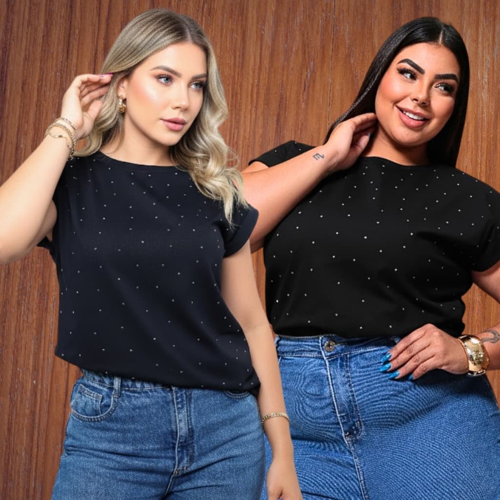 Blusa Feminina Manga Japonesa Detalhes em Strass 100% Algodão