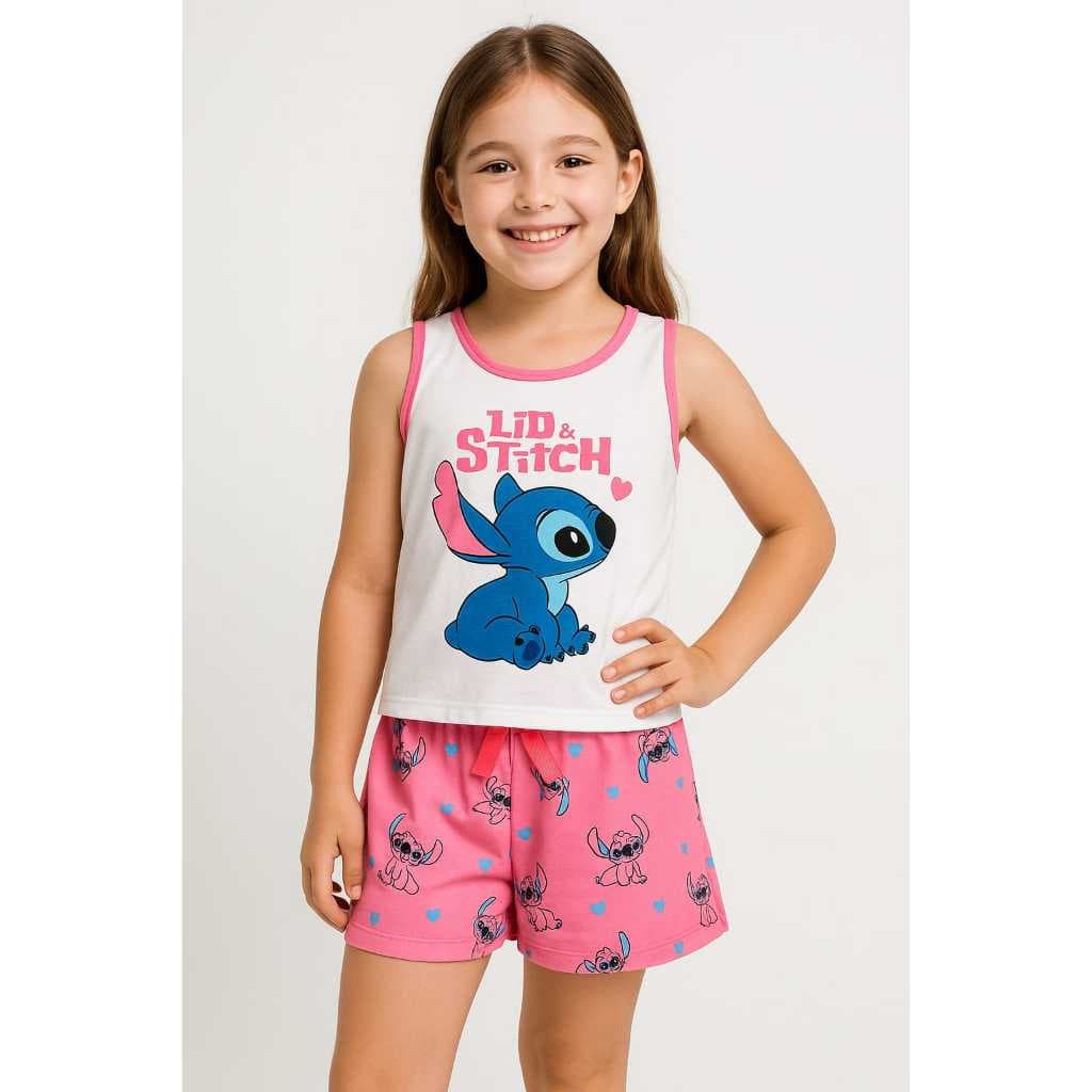Pijama infantil feminino baby doll short doll roupa de dormir menina verão regata personagens stich Festa Do Pijama