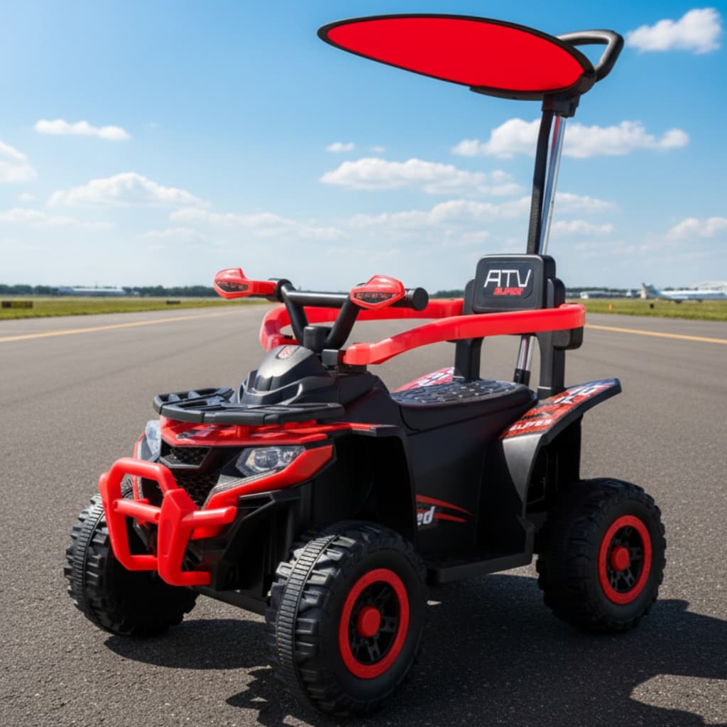 Quadriciclo Passeio Eletrico Infantil com Haste Direcionável Aro de Proteção Som Luz e Bateria 6v Brinq Kids