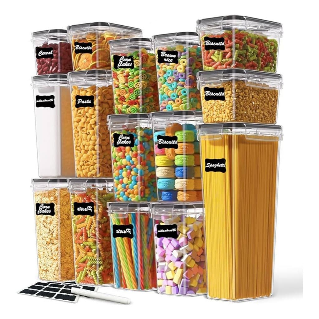 Kit 14 Potes Herméticos Empilháveis Quadrado Resistente Plástico Cozinha Dispensa Alimentos e Bebida