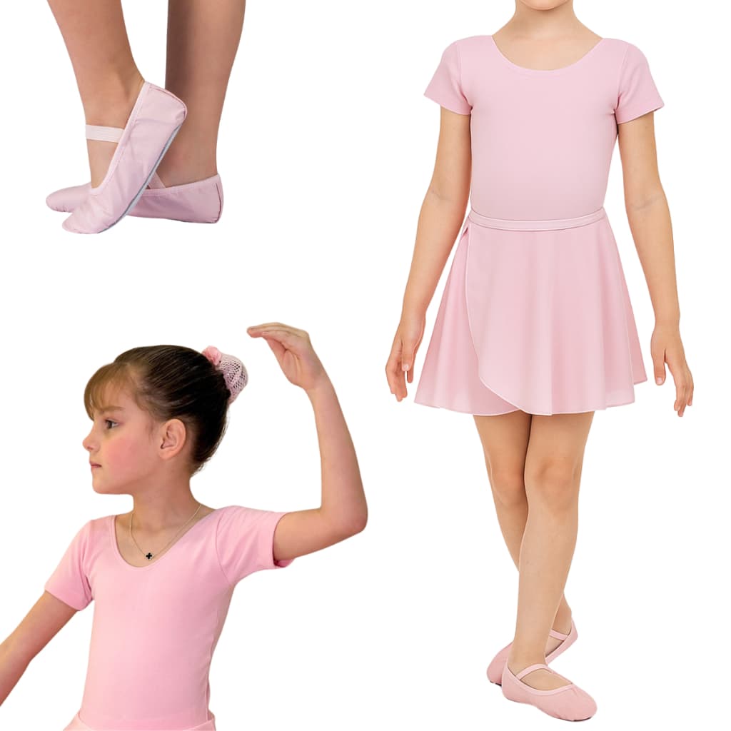 Kit 3 peças Ballet Jazz Roupa Collant Meia Manga, Saia transpassada e Sapatilha