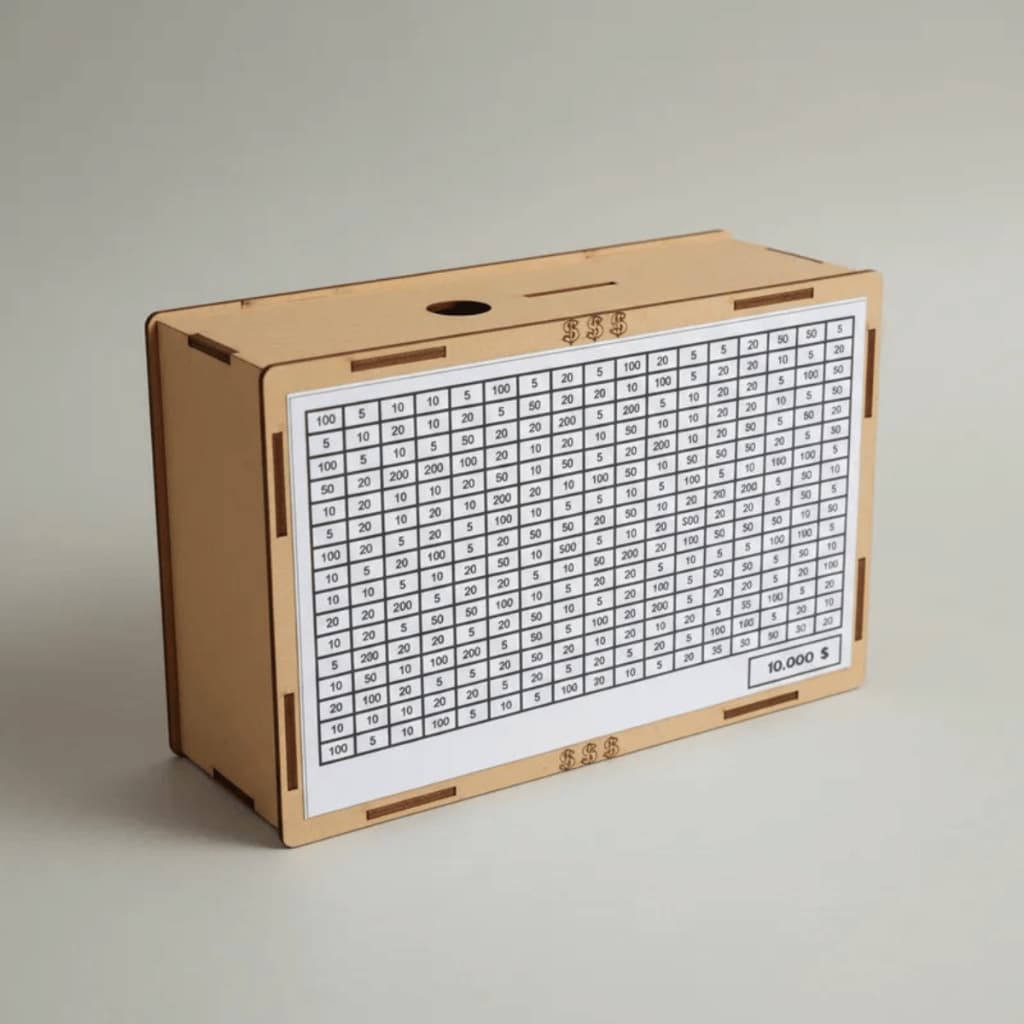 Cofre Woodbox Cofrinho Porta Moedeas Desafio 10.000 em MDF - Método Japonês para Guardar Dinheiro