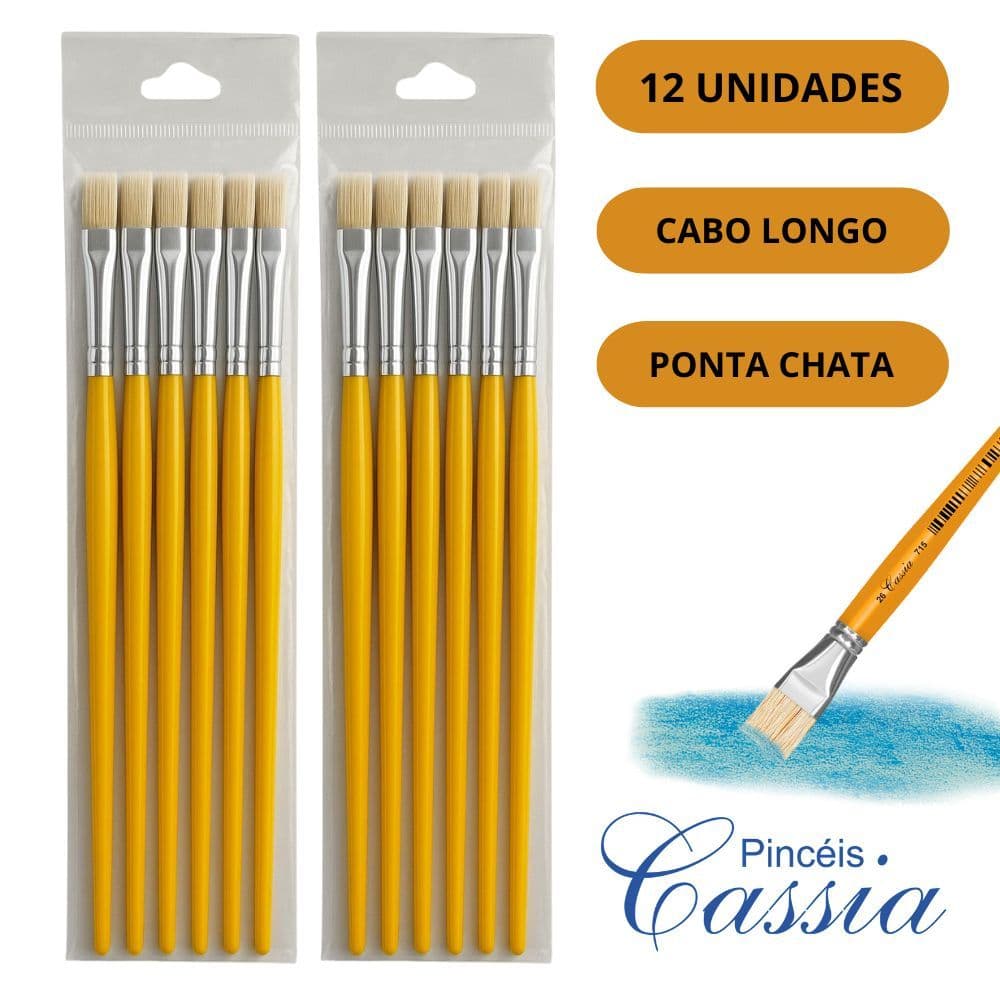 KIT 12 PINCEL PARA PINTURA ESCOLAR CHATO ARTISTICO GUACHE CABO LONGO ARTESANATO 715 - PINCEIS CASSIA