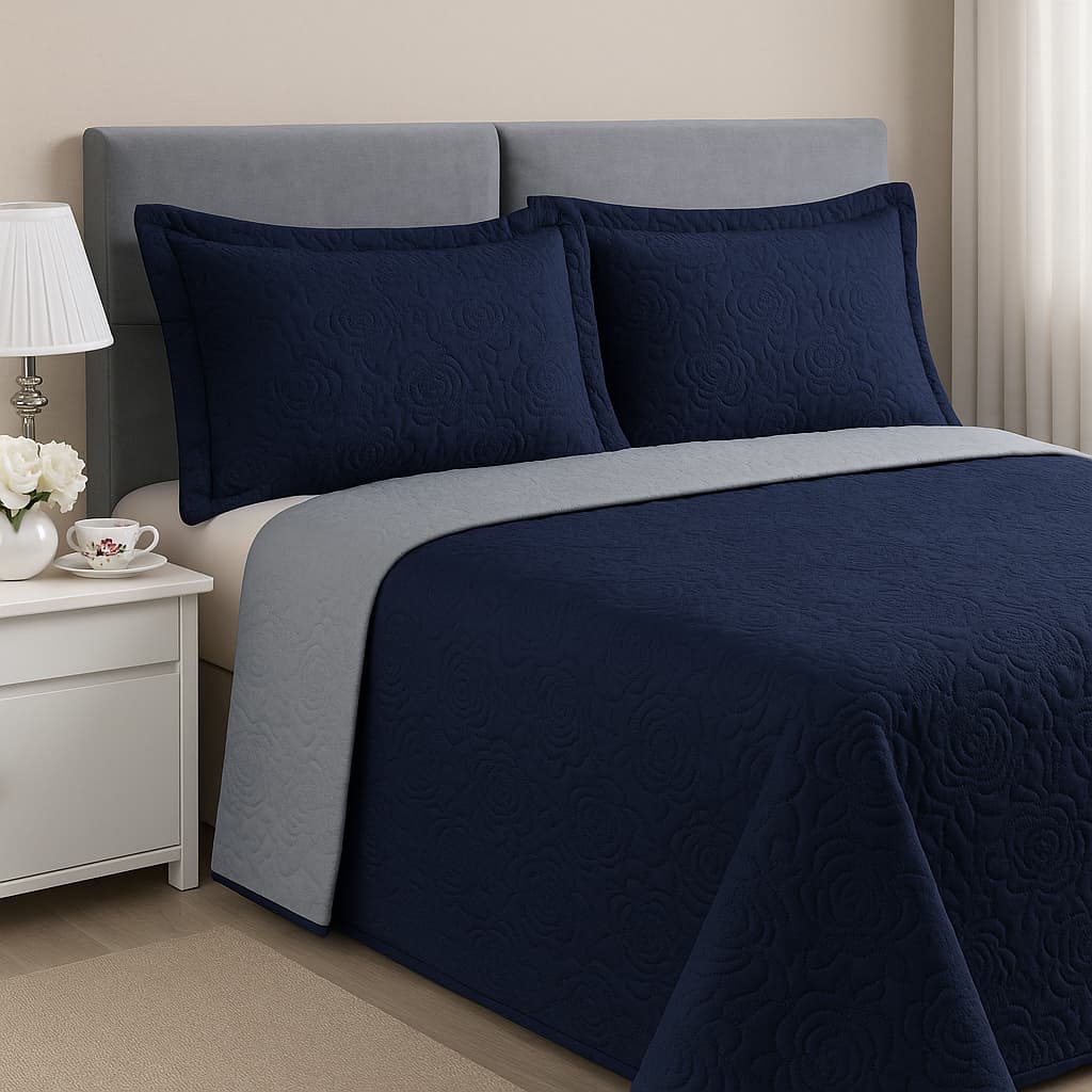 Kit Colcha Cobre Leito Casal Com 2 Porta Travesseiros Dupla Face Com Viés 100% Poliéster