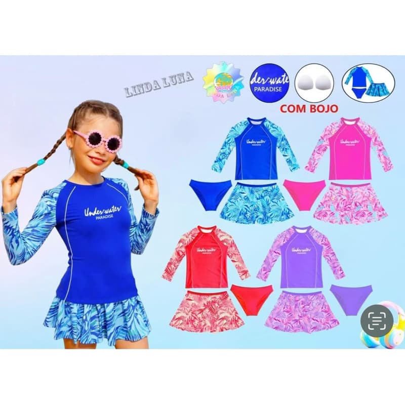 Conjunto Biquini 10-16 ANOS JUVENIL Proteção Solar UV Blusa + Calcinha+saia F0086