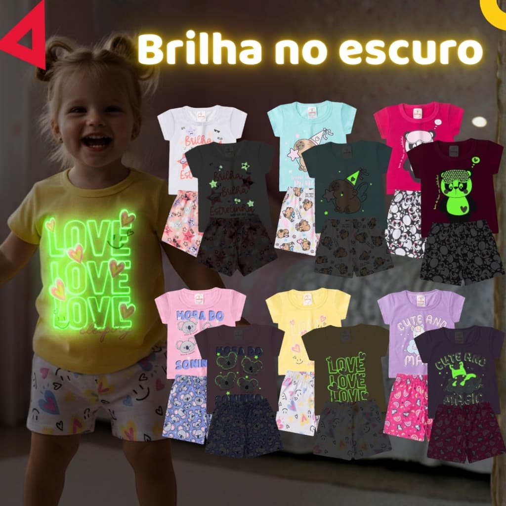 Kit de 2, 4 ou 6 Peças Pijama Infantil Brilha no Escuro Menina Verão Roupa Infantil Feminina