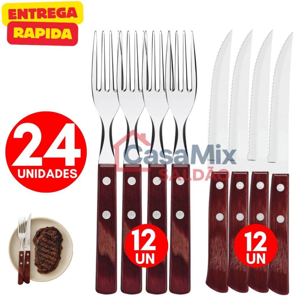 Jogo de Talher 24 ou 12 Peças Em Cabo De Madeira e Aço Inox 12 Facas 12 Garfos de Mesa Qualidade Premium
