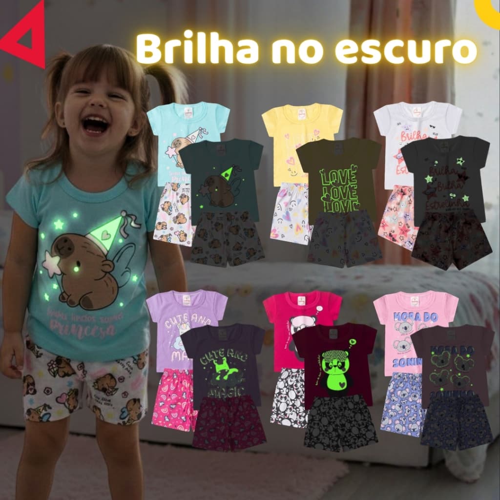 Kit 4, 6 ou 8 peças Pijama Infantil Brilha no Escuro Menina Verão Roupa Infantil Feminina