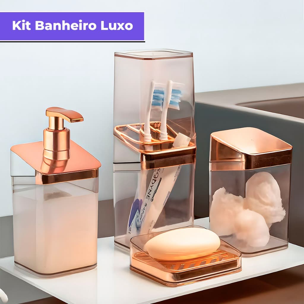 Kit Banheiro Luxo Lavabo Porta Sabonete Sabão Líquido Algodão Escova de Dentes Rose Gold