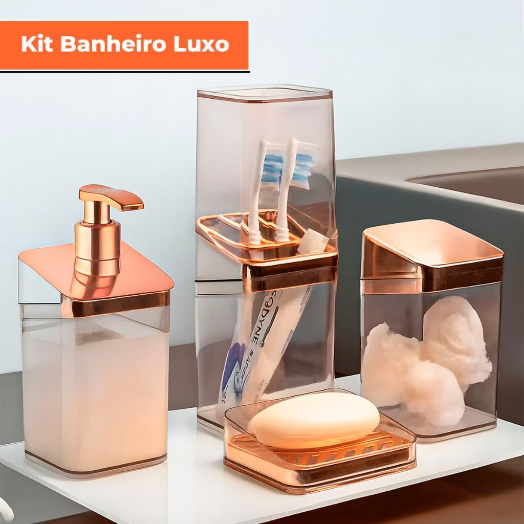 Kit Banheiro Luxo Lavabo Porta Sabonete Sabão Líquido Algodão Escova de Dentes Rose Gold
