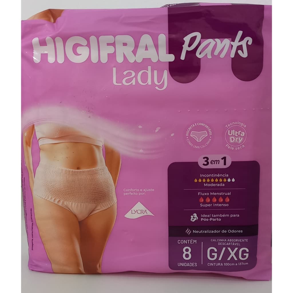 FRALDA ROUPA HIGIFRAL PANTS LADY C/ 8 UNIDADES (P/M ou G/XG)