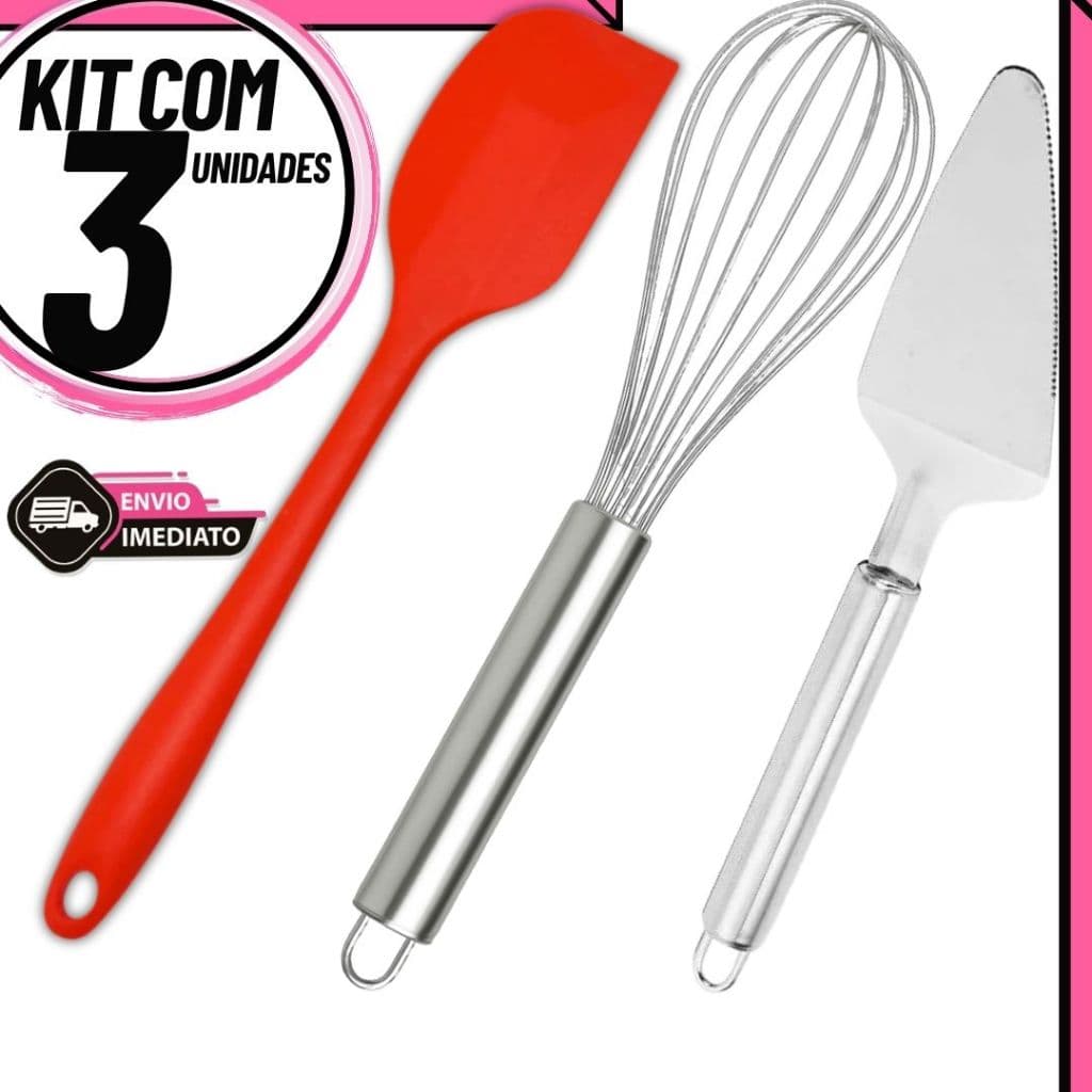 Kit Confeiteiro Fouet Inox + Espátula Bolo + Pão Duro Silicone Utensílios Cozinha Doces