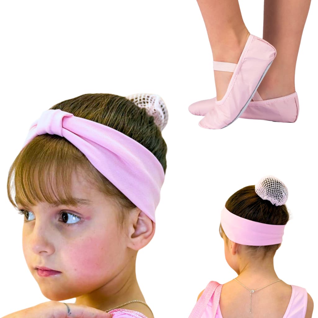 Kit 3 peças Sapatilha Faixa E Redinha Cabelo Ballet Jazz Infantil menina