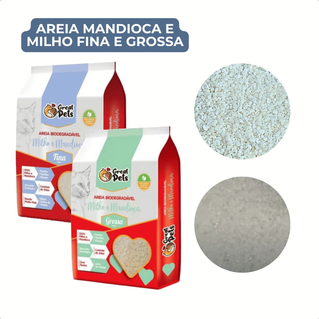 Areia Para Gato Biodegradável Mandioca Milho Fina Grossa