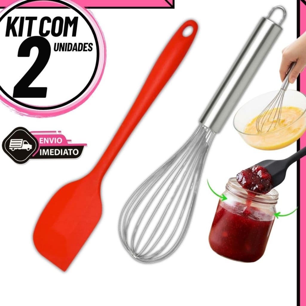 Kit Espátula Pão Duro Silicone + Fouet Batedor Inox | Utensílios Cozinha Confeitaria