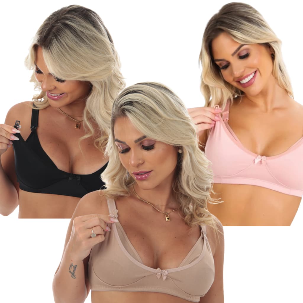 3 Sutiã de Amamentação Reforçado com Abertura para Amamentar Top Pós Parto Maternidade