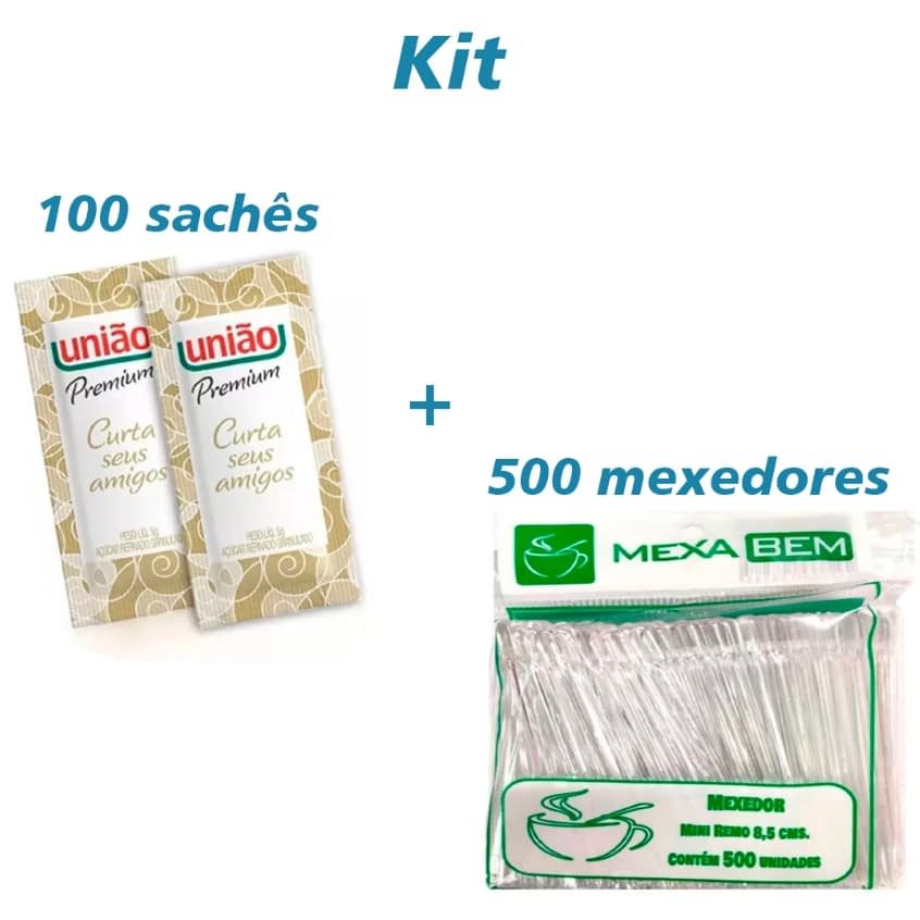 KIT 100 Sachês de açúcar União Premium + 500 unidades Mexedor de Café Remo Mexa Bem Palheta de plástico