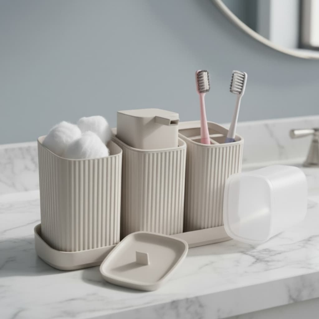 Kit 3 Acessórios Banheiro com Bandeja Dispenser Sabonete Líquido e Porta Escovas Algodão