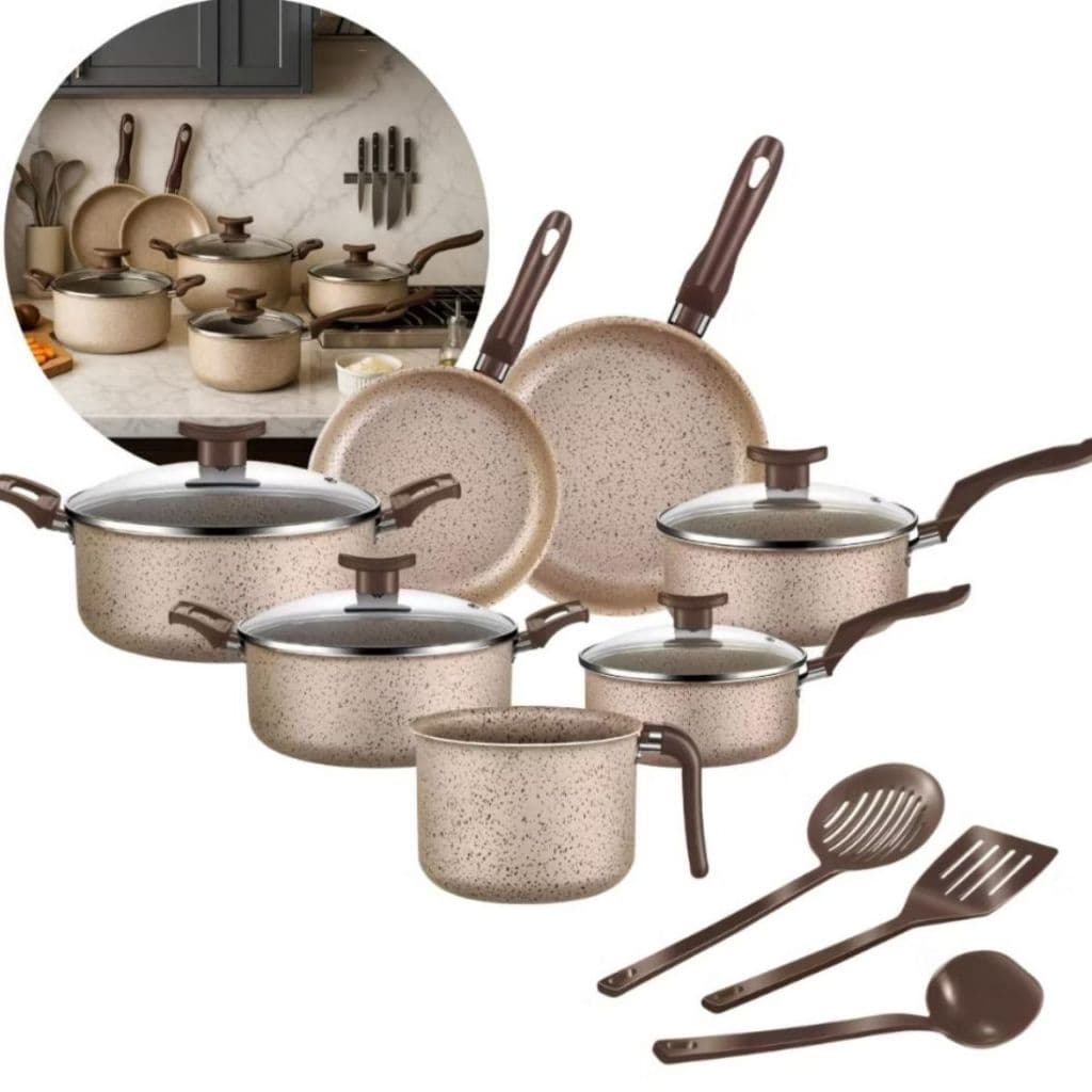 Jogo De Panelas 10 Peças Antiaderente Conjunto Caçarola Frigideira Fervedor Cor Coffee Cappuccino Kit Talheres
