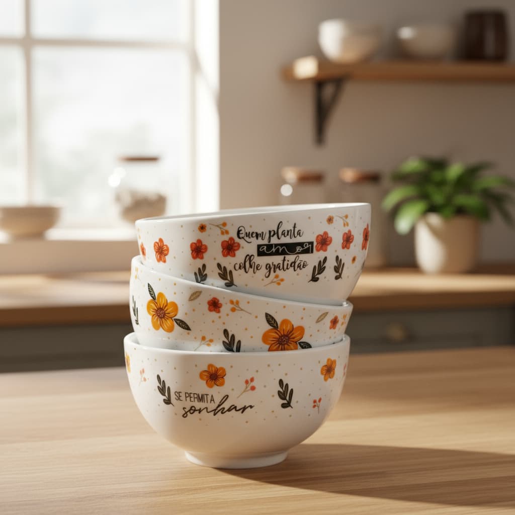 03 Cumbucas Porcelana Decoração Capri Decorada 440 ml Grande Floral Sopas Caldos Kit