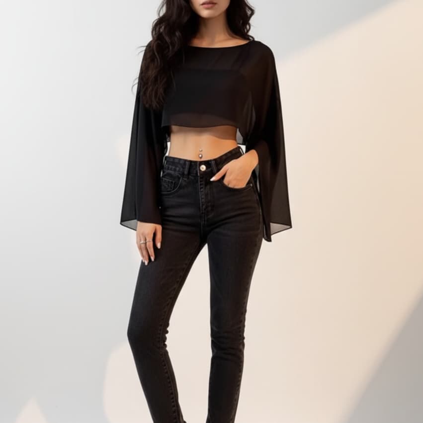 Blusa Cropped Tule Transparente com Abertura nas Mangas – Estilo Moderno