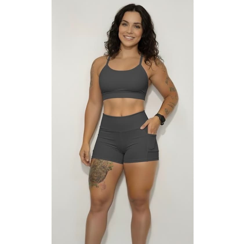 Conjunto Academia Mega Power Feminino Short Meia Coxa com Bolso e Top Moda Fitness Premium