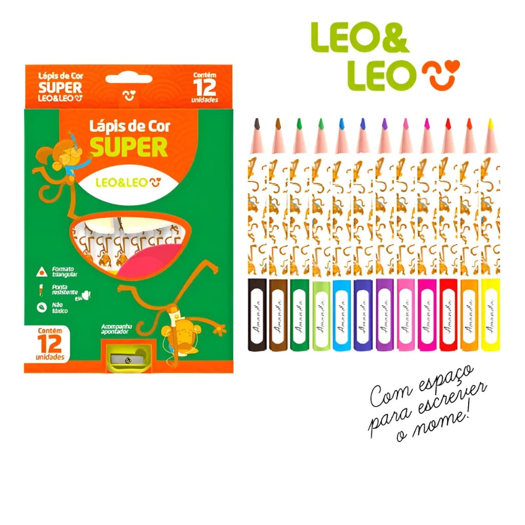 Lápis Super Jumbo 12 Cores Grosso + Apontador Leo E Leo