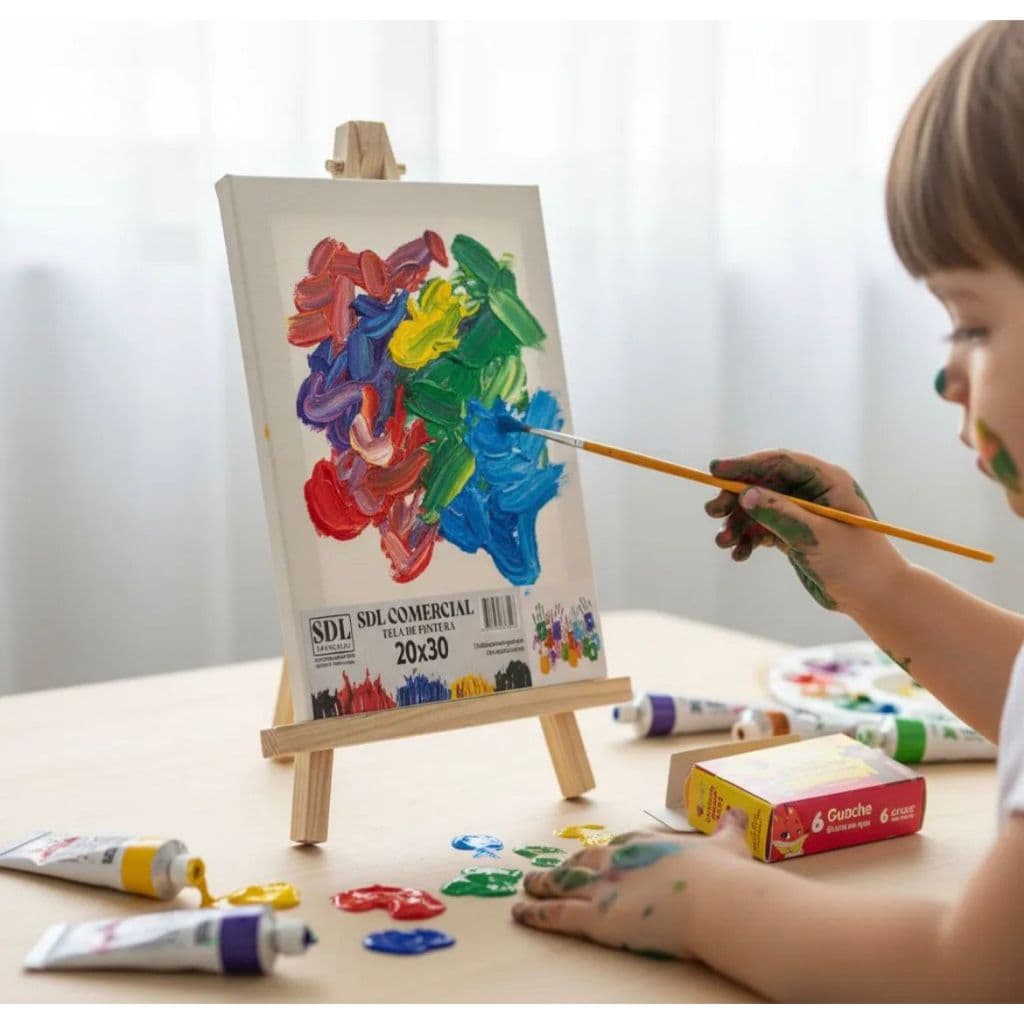 Kit pequeno Artista c/Cavalete + 1 Telas 20x30 + 1 Pincel e 6 Tintas Guache Coloridas.