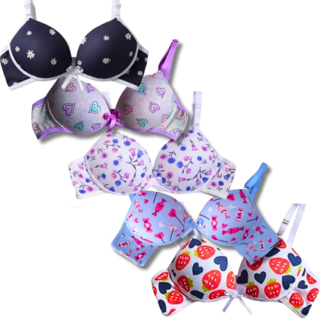 Kit 5 Sutiãs Juvenil Menina Moça com Bojo Estampado 6 a 15 anos