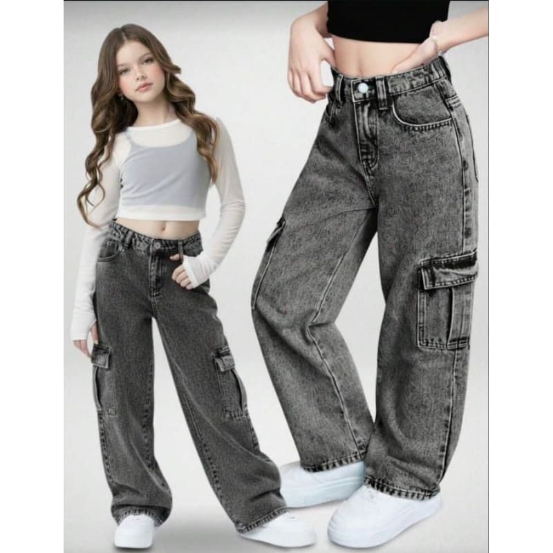 calça jeans Cargo grafite marmorizada menina infantil juvenil 10 ao 16