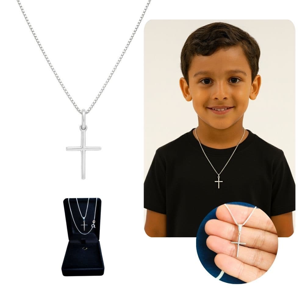 Corrente Infantil Criança Masculino Banhado A Prata 925 + Pingente Cruz Palito