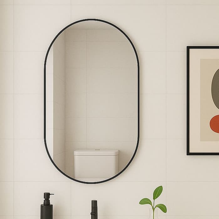 Espelho Oval Grande Com Moldura Borda Couro + Suporte Parede