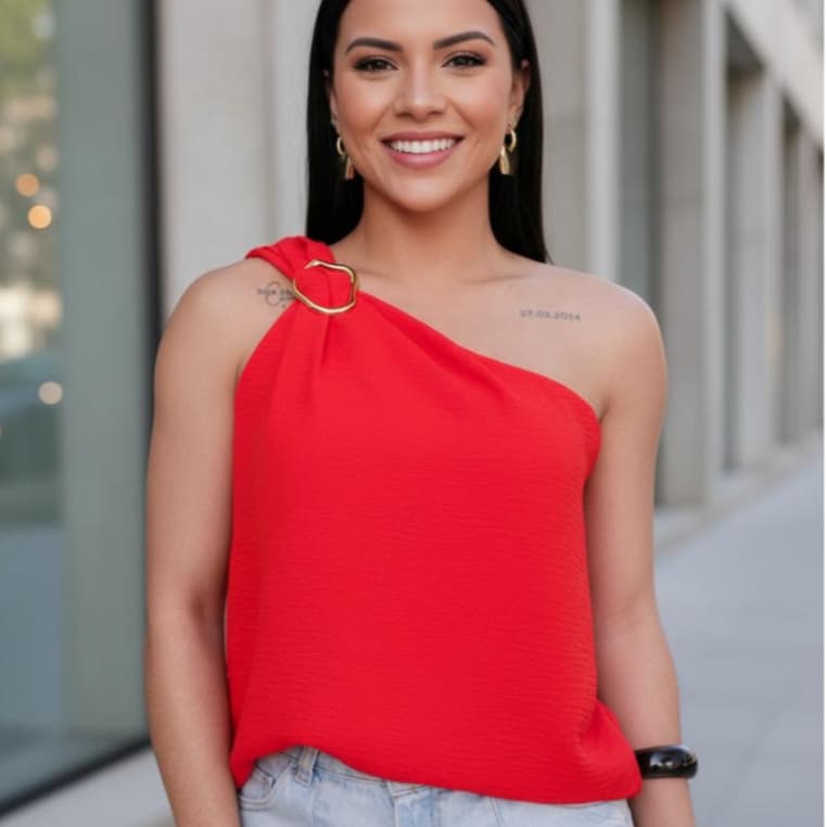 Blusa Feminina Alça Única Fivela Dourada Tecido Crepe Duna um Ombro Só Manga Mula Estilosa M G GG