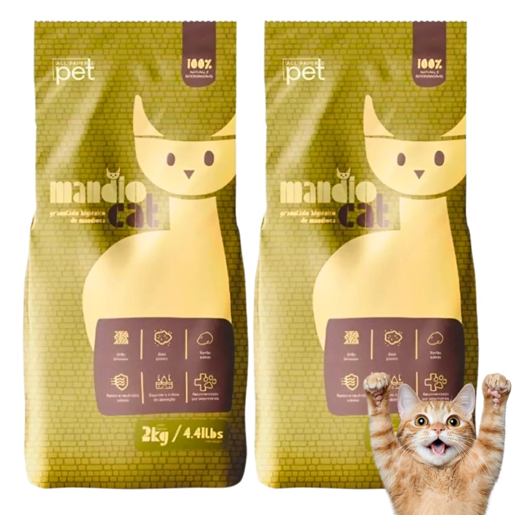 Areia De Gato Mandiocat Biodegradável Mandioca Grão finos 2 ou 4 Kg Para Gatos