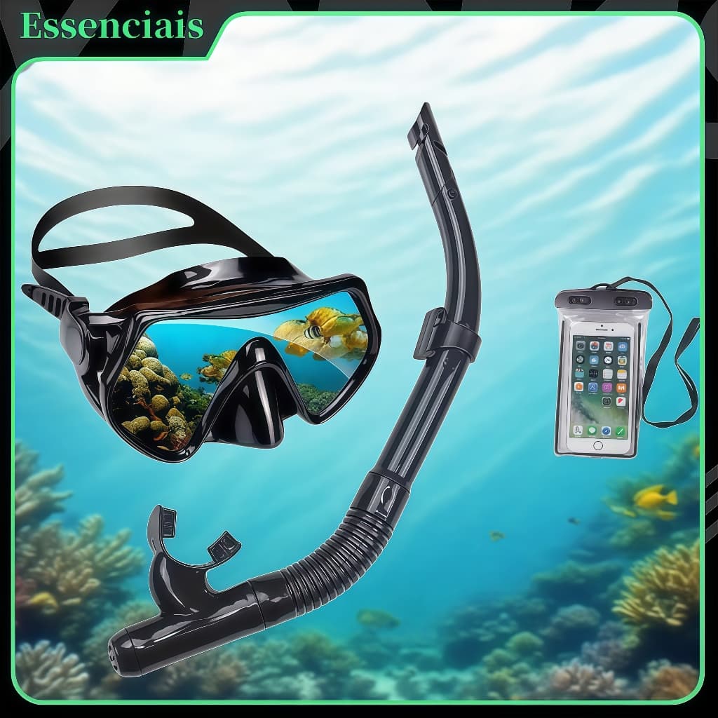 Essenc>>Kit Máscara Mergulho Snorkel Óculos Respirador Profissional Adulto Praia PiscinaAjustável Silicone+Celular case
