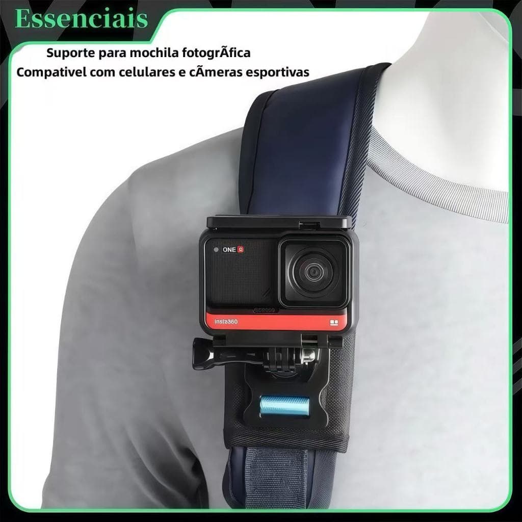 Suporte com Grampo para Mochila (GoPro) – Prendedor com Fixação ao Cinto de Ombro, 360° Giratório,Acessório para Câmeras