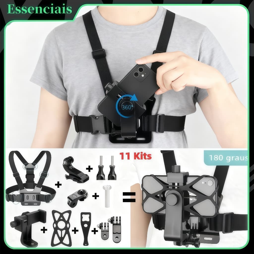 (11 kits)Suporte de Peito Para Celular e Gopro Peitoral Peito ajustável Câmera Esportivo Moto Bike