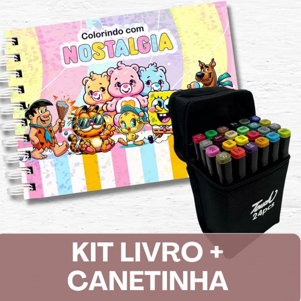 NOSTALGIA Anos 80, 90 e 2000– Livro de Colorir+ Canetinhas / 50 Folhas / Capa Holográfica