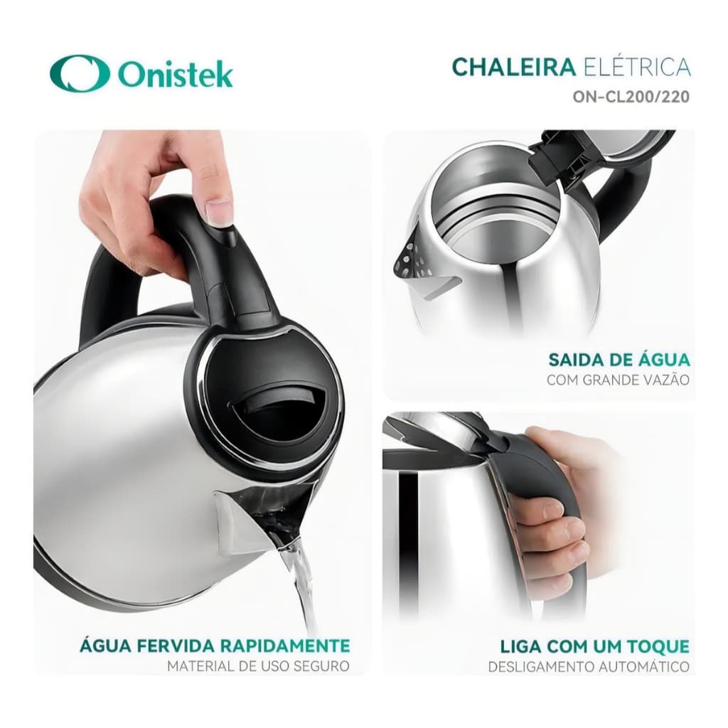 Chaleira Jarra Elétrica 110V Aço Inox Onistek E Vidro Transparente 1.8L
