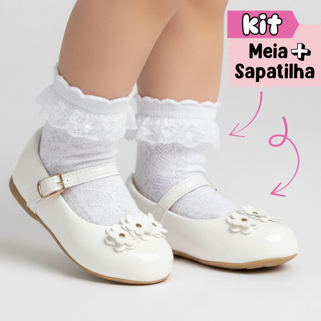 Kit Sapatilha Infantil Menina + Meia de Renda Babado para Festa Daminha Batizado Casamento Tamanho 20 ao 27 Sapekitos
