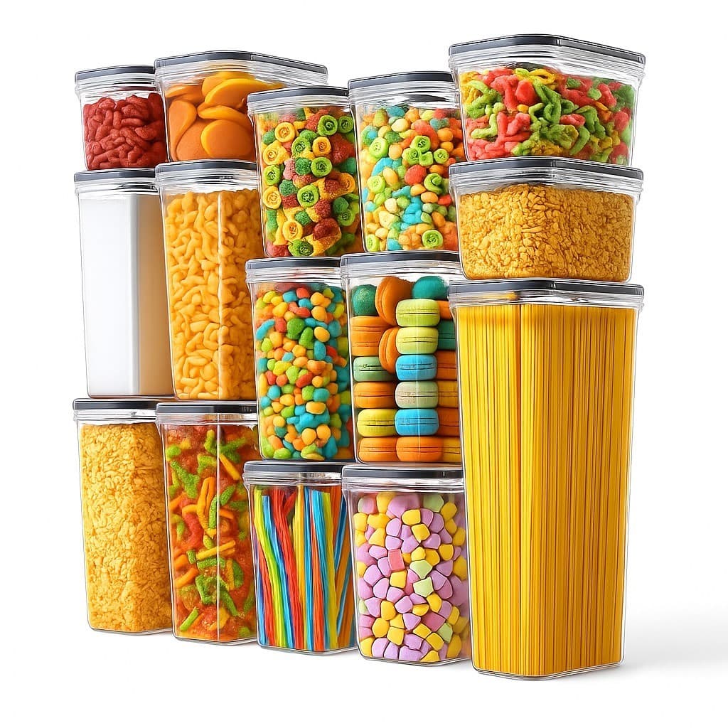 Kit 21 Potes Herméticos Empilháveis Quadrado Resistente Plástico Cozinha Dispensa Alimentos e Bebida