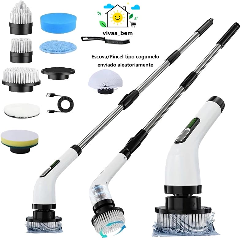 Super Escova 9 em 1 Elétrica Giratória Recarregável – Cabo Alongador Incluso: Limpe Rápido Janelas e Banheiro sem Cansar