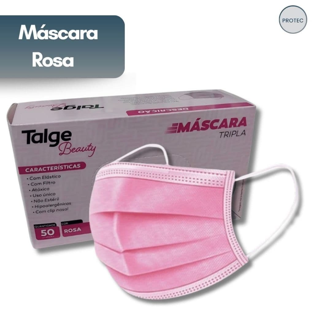 Máscara Descartável Rosa  Até 250 UnTripla Camada C/ Clipe Nasal Talge