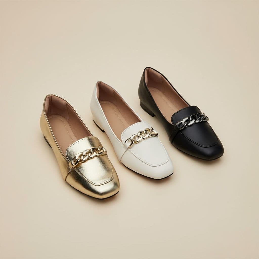 Sapatilha Feminina Confortável Luxo Elegante Sapato Feminino Mocassim Bico Quadrado Corrente