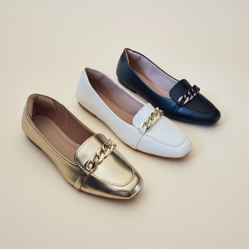 Sapatilha Feminina Confortável Luxo Elegante Sapato Feminino Mocassim Bico Quadrado Corrente