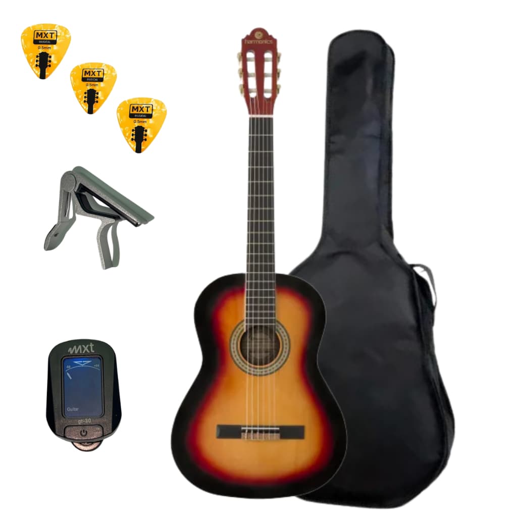 KIT VIOLÃO INICIANTE ACÚSTICO HARMONICS GNA-111 NYLON CLÁSSICO + CAPA AFINADOR CAPOTRASTE PALHETAS