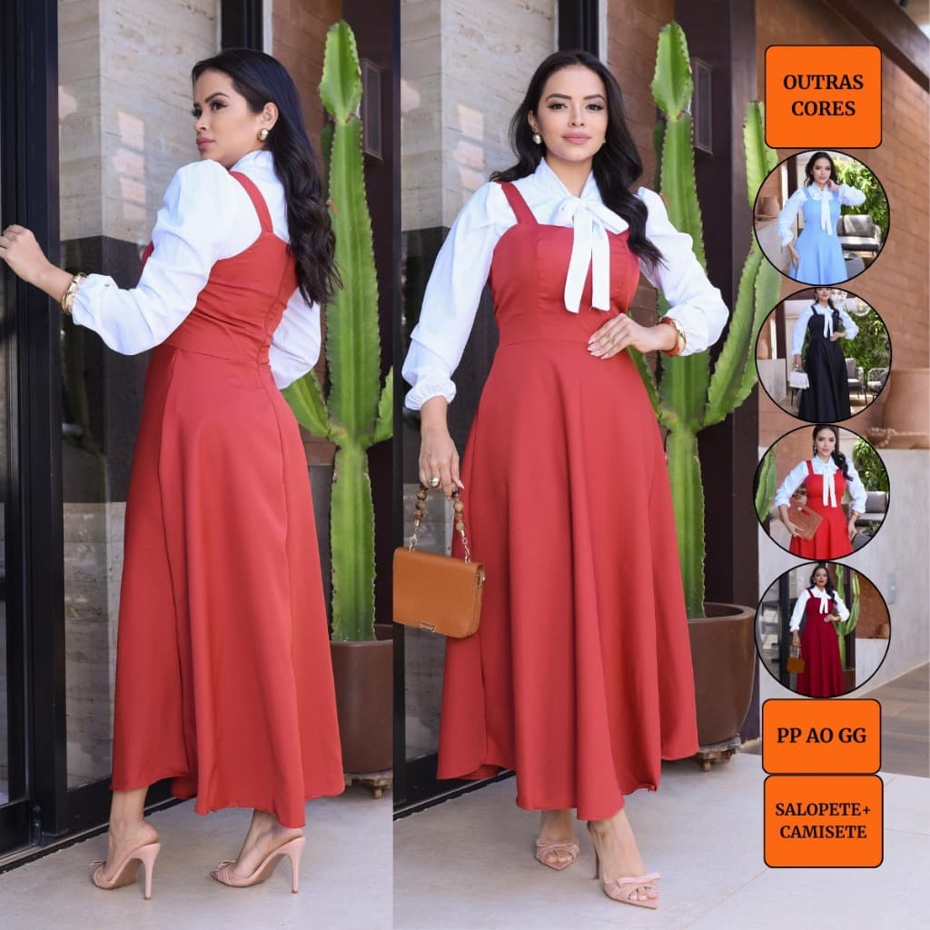 CONJUNTO SALOPETE FEMININO MODA EVANGELICA KIT JARDINEIRA NO CREPE ALFAIATARIA