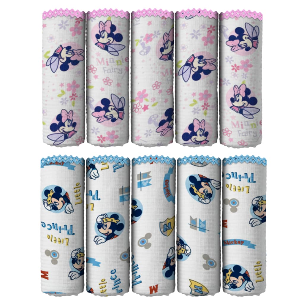 Kit 5 Pano De Boca Disney 33x33cm Com Crochê na Bainha - Babete 100% Algodão, Tecido Macio, Tamanho Excelente, Premium