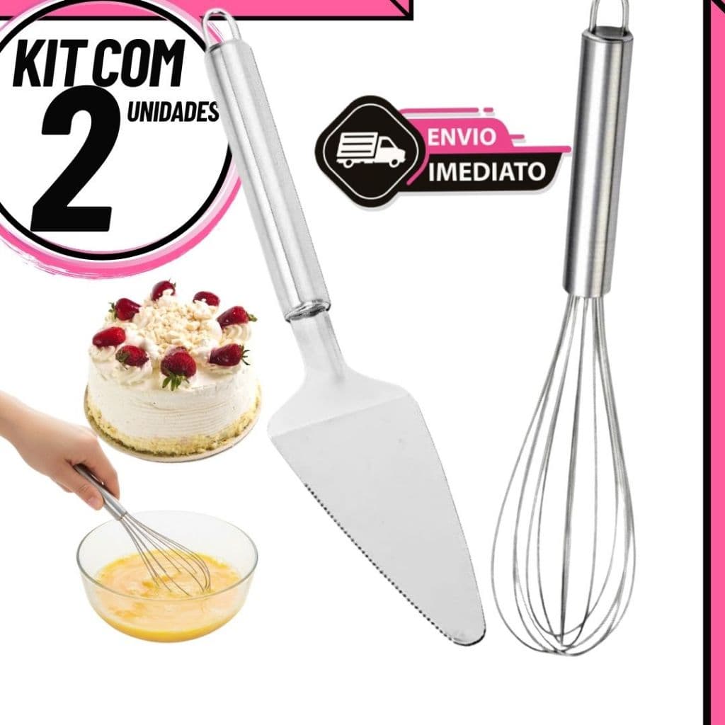 Kit Fouet Batedor de Arame + Espátula de Bolo Cozinha Confeitaria Inox