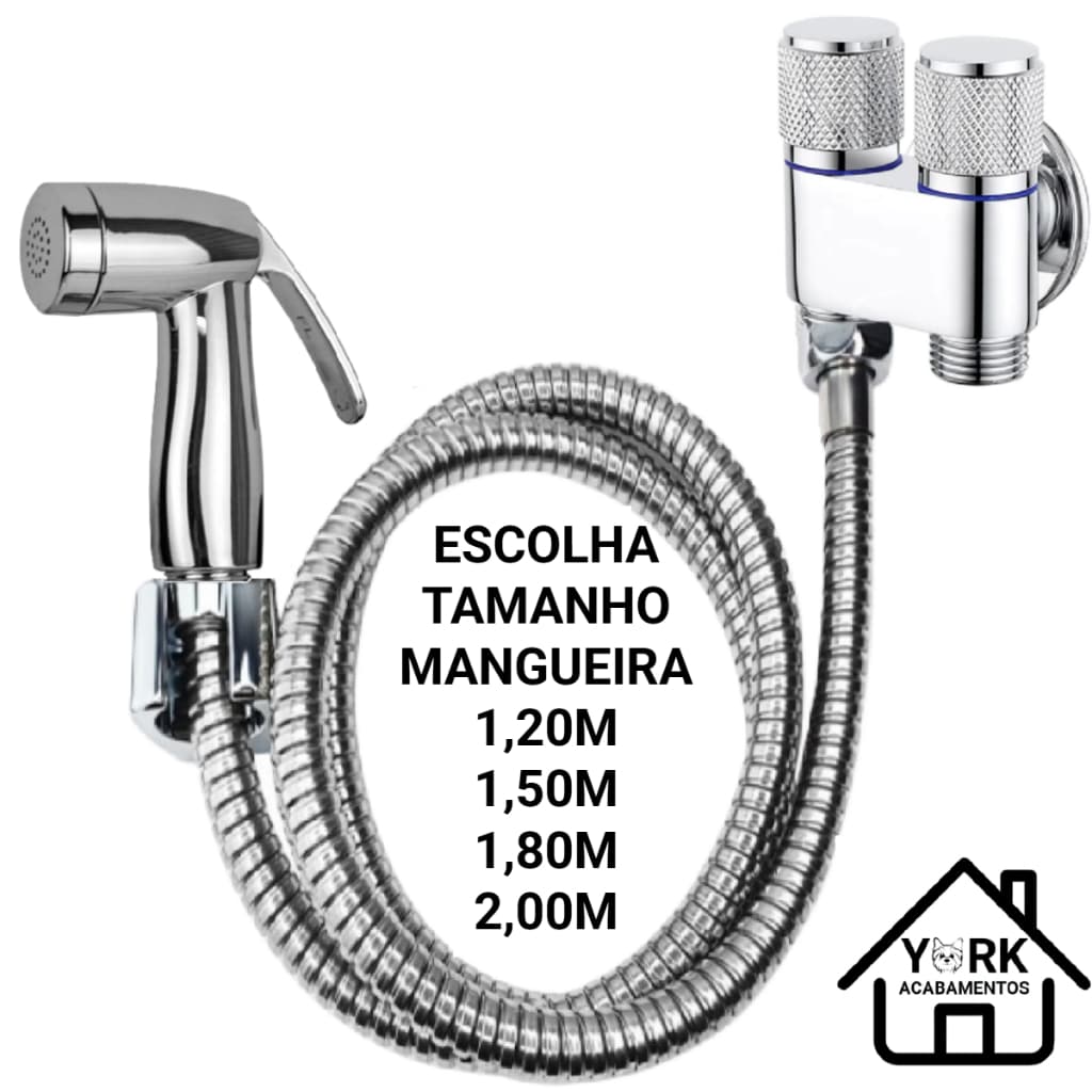 Ducha Higiênica com Gatilho Cromado/Preto + Mangueira Inox Flexível e Registro Dupla Saída de Água